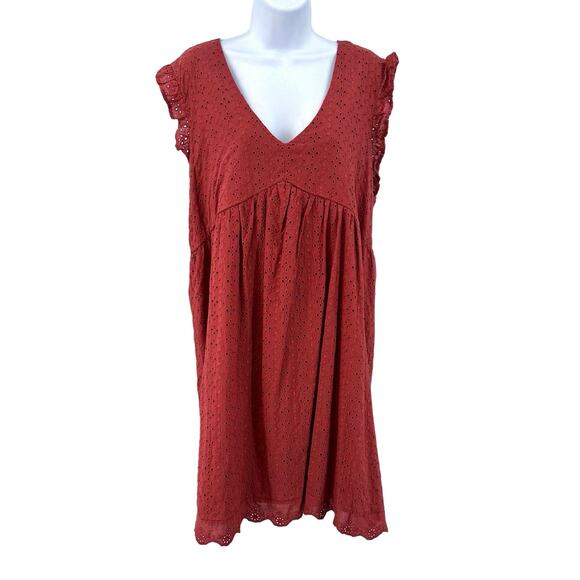 Knox Rose Eyelet Tank Dress W/Rust SZ XXL V-neck Flutter Sleeve Keyhole Neck Red - Picture 1 of 9
